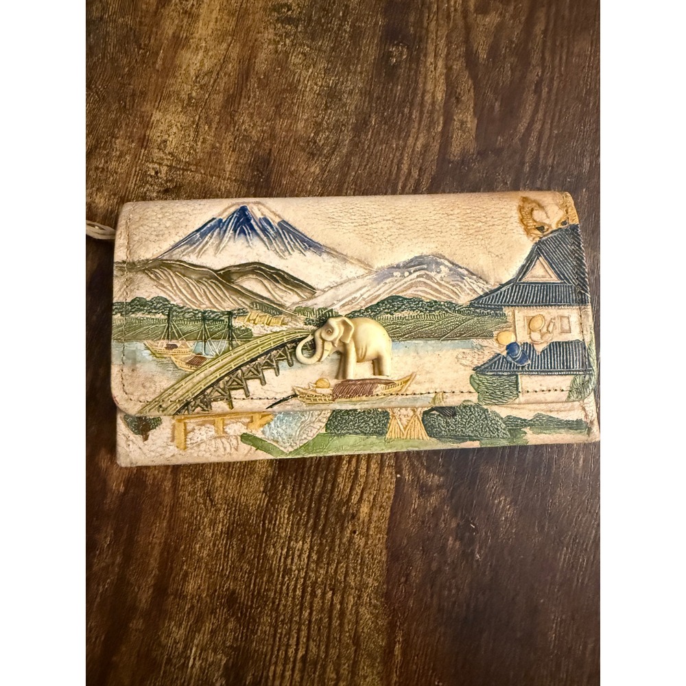Vintage 1940s Hand Tooled Carved Elephant Mount Fuji Clutch Wallet